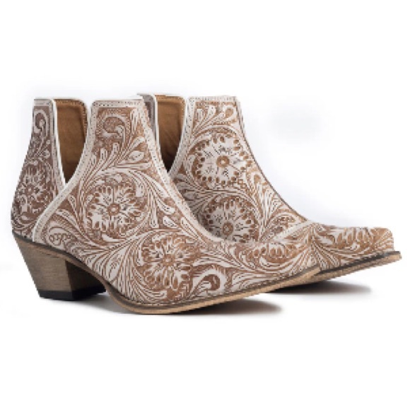 🌸Hand-Tooled Genuine Leather Bootie Boho Western Cowgirl Ankle Boot Cream Fall! - Picture 6 of 12